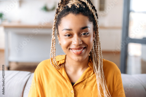 Close-up portrait of beautiful cute satisfied young african american brunette woman with dreadlocks, sitting on sofa in living room, wearing casual clothes, looking at camera, smiling friendly photo