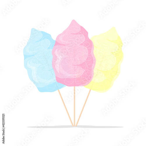 Pink, blue and yellow cotton candy. Food icon. Vector illustration product for attractions and festivals.