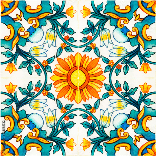 Hand drawn watercolor mediterranean sicilian traditional tiles