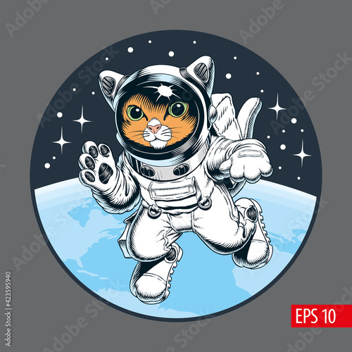 Cute cat astronaut in spacesuit floating in outer space. Comic style vector illustration.