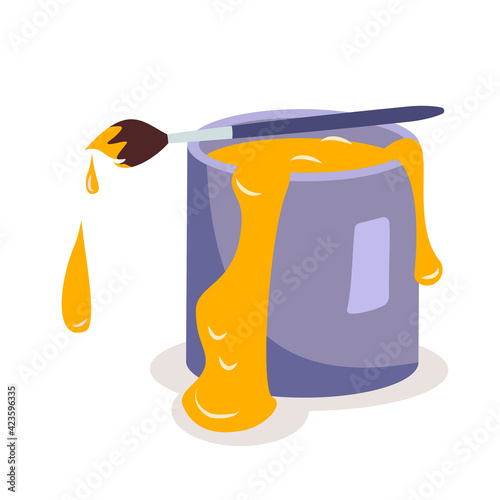 A tin of yellow paint and a paintbrush. An item for painting, repairing and decorating. Vector illustration
