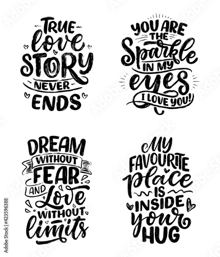 Set with slogans about love in calligraphy style. Vector abstract lettering compositions. Trendy graphic design for print. Motivation posters. Quotes for Valentine s Day.