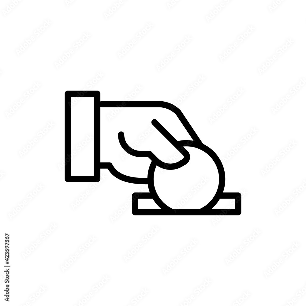 Hand giving coin icon, outline style. Isolated in white background