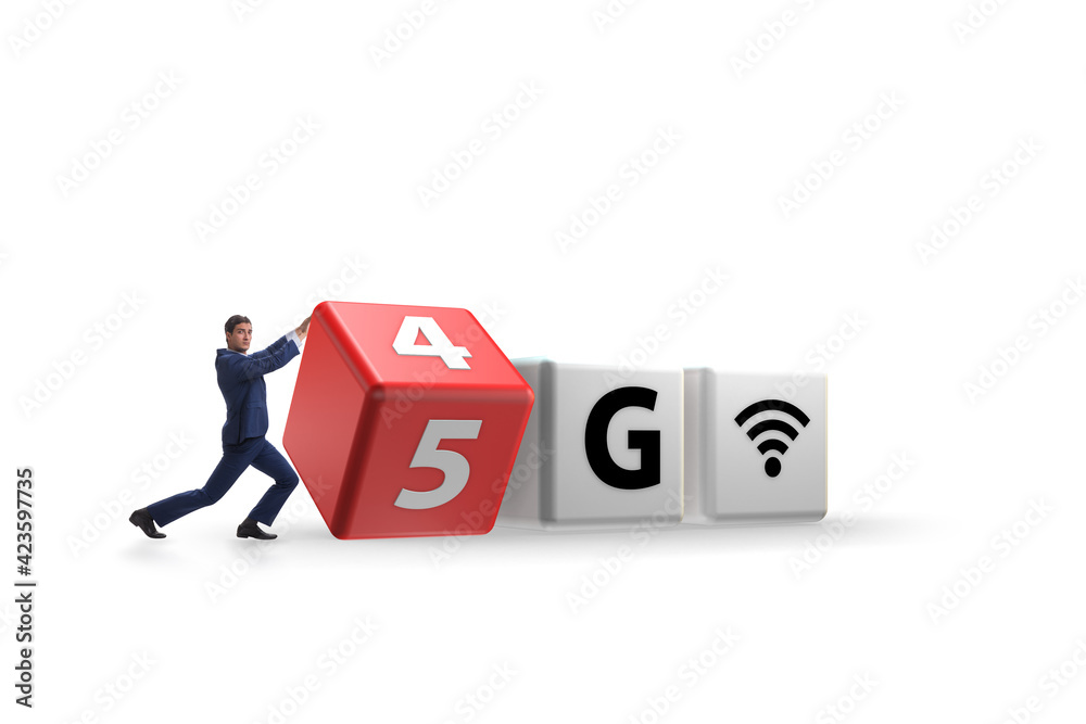 Businessman in transition from 4G to 5G Businessman in transition from 4G to 5G