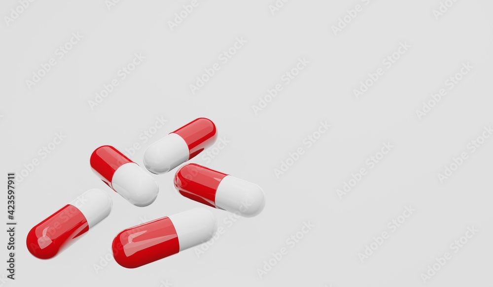 Red and white capsules with antibiotics on a white background. 3D illustration. 3D rendering. Red and white capsules with antibiotics on a white background. 3D illustration. 3D rendering.