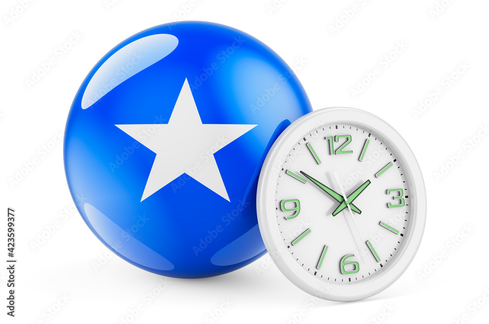 Somali flag with clock. Time in Somalia, 3D rendering Somali flag with clock. Time in Somalia, 3D rendering