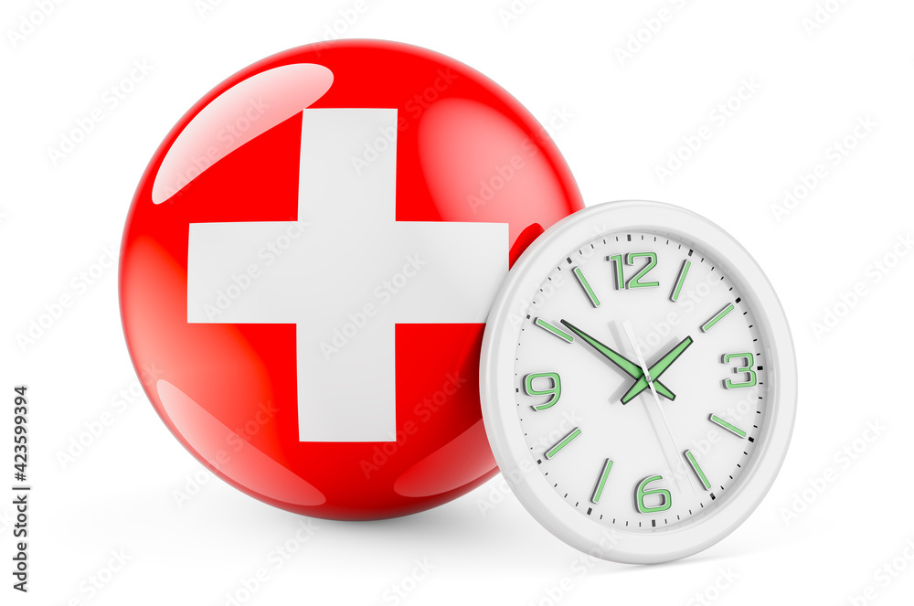 Obraz premium Swiss flag with clock. Time in Switzerland, 3D rendering