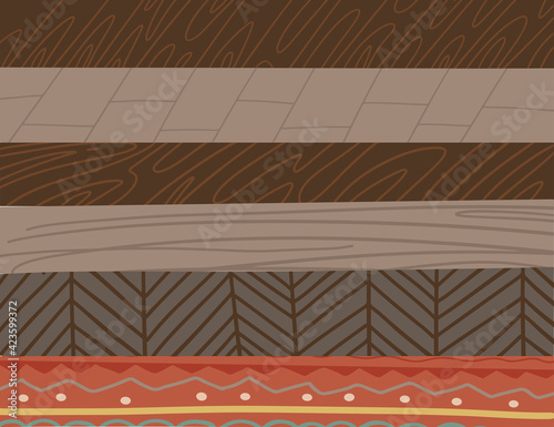 Set of six different color wooden parquet texture for floor. Elelements for interior conctructor. flat vector illustration in hand drawn Scandinavian style.