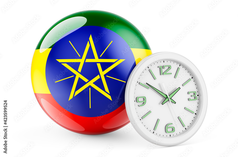 Ethiopian flag with clock. Time in Ethiopia, 3D rendering ilustração do Stock Adobe Stock