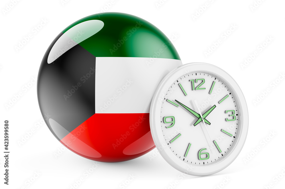 Kuwaiti flag with clock. Time in Kuwait, 3D rendering Stock
