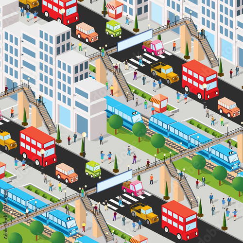 Railway station with train and people 3d street downtown architecture district