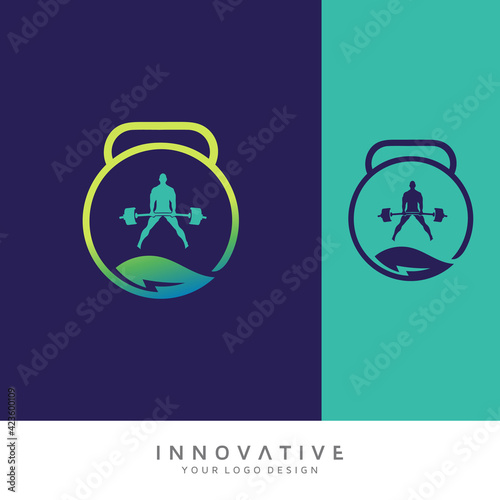 Leaf with dumbbell icon. custom vector logo design template idea.
