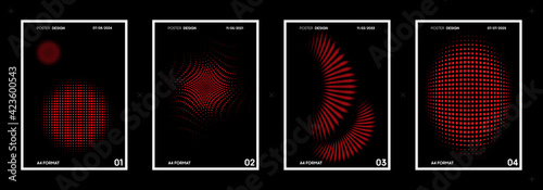 Set of abstract background cover designs. Black and Red color. Vector graphics. Halftone effect. Futuristic shapes.