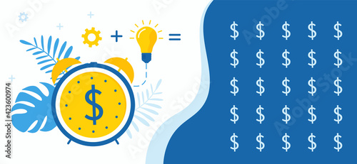 Time is money. Banner, the concept of success of increasing profits in business. Horizontal banner in blue and yellow colors.