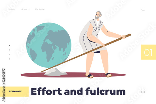Effort and fulcrum concept of landing page with ancient man holding lever trying to lift earth stone photo