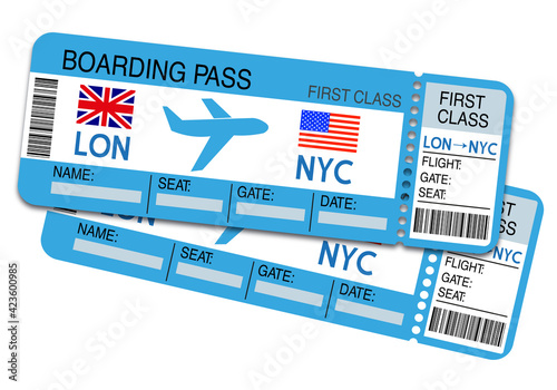 Boarding pass. Air ticket. Flight from London to New York 
