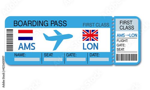 Boarding pass. Air ticket. Flight from Amsterdam to London