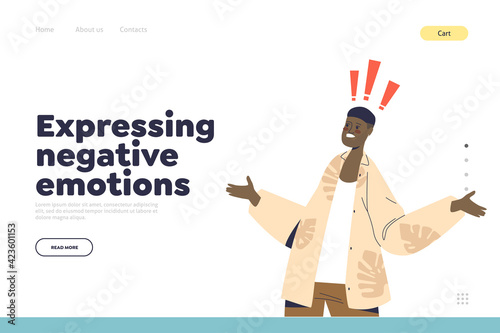 Expressing negative emotions concept of landing page with shocked african man astonished with shock
