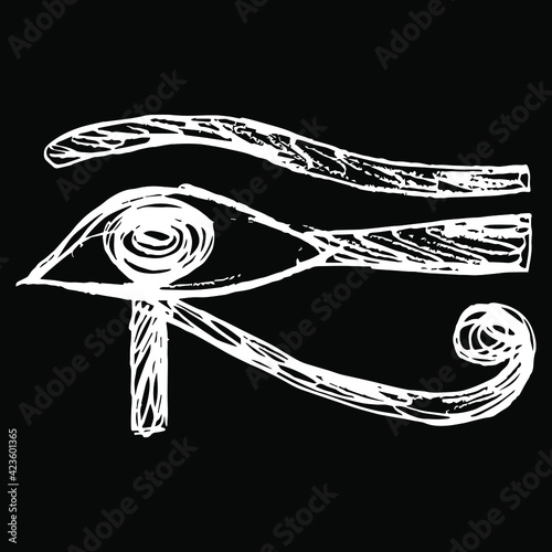 Eye Wadjet. Ancient Egyptian sacred symbol of god Horus or goddess Maat. Hand drawn linear doodle rough sketch. White silhouette on black background.