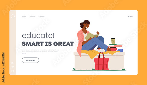 Education, Gaining Knowledge Landing Page Template. Woman Sitting on Parapet with Fashioned Bag beneath Read Book