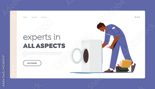 Plumber, Husband for an Hour Repair Service Landing Page Template. Character in Uniform Fixing Broken Washing Machine