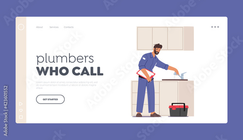 Plumber Call Master Fix Sanitary, Plumbing Work Landing Page Template. Handyman Character Fixing Broken Sink