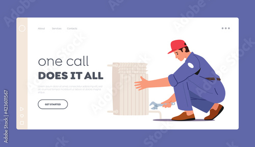 Plumbers Service Landing Page Template. . Worker Character with Spanner Tools Repairing Heating Pipes, Installing Tubes