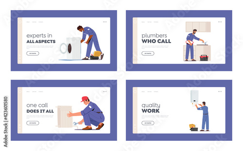 Plumbing Service Landing Page Template Set. Plumber Characters Repair Broken Technics Washing Machine, Sink, Heater