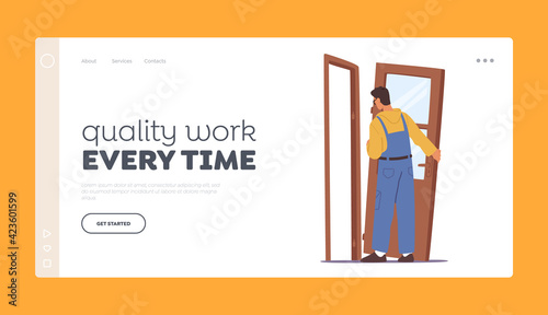 Carpenter Repairman, Builders Quality Work Landing Page Template. Home Repair Master Male Character Set Up New Door