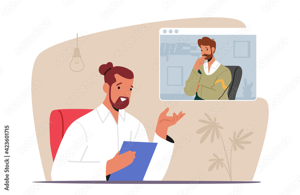 Online Meeting, Video Conference. Business Man, Boss Character Speak with Colleague. Office Worker Chat with Coworker