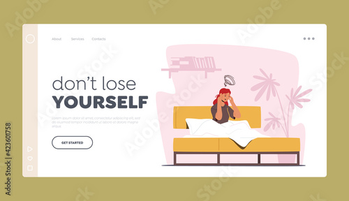 Depression and Migraine Unhappy Emotion Landing Page Template. Depressed Female Character Sitting in Bed with Headache