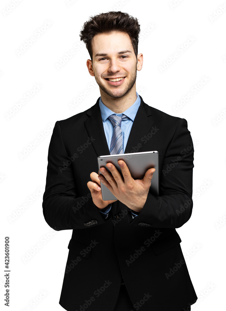 Young manager using a digital tablet isolated on white Young manager using a digital tablet isolated on white