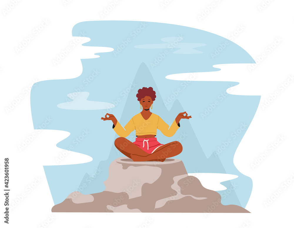 Tranquil Woman Meditating in Lotus Pose Sitting on Mountain Peak, Outdoors Yoga, Healthy Lifestyle, Relaxation, Balance
