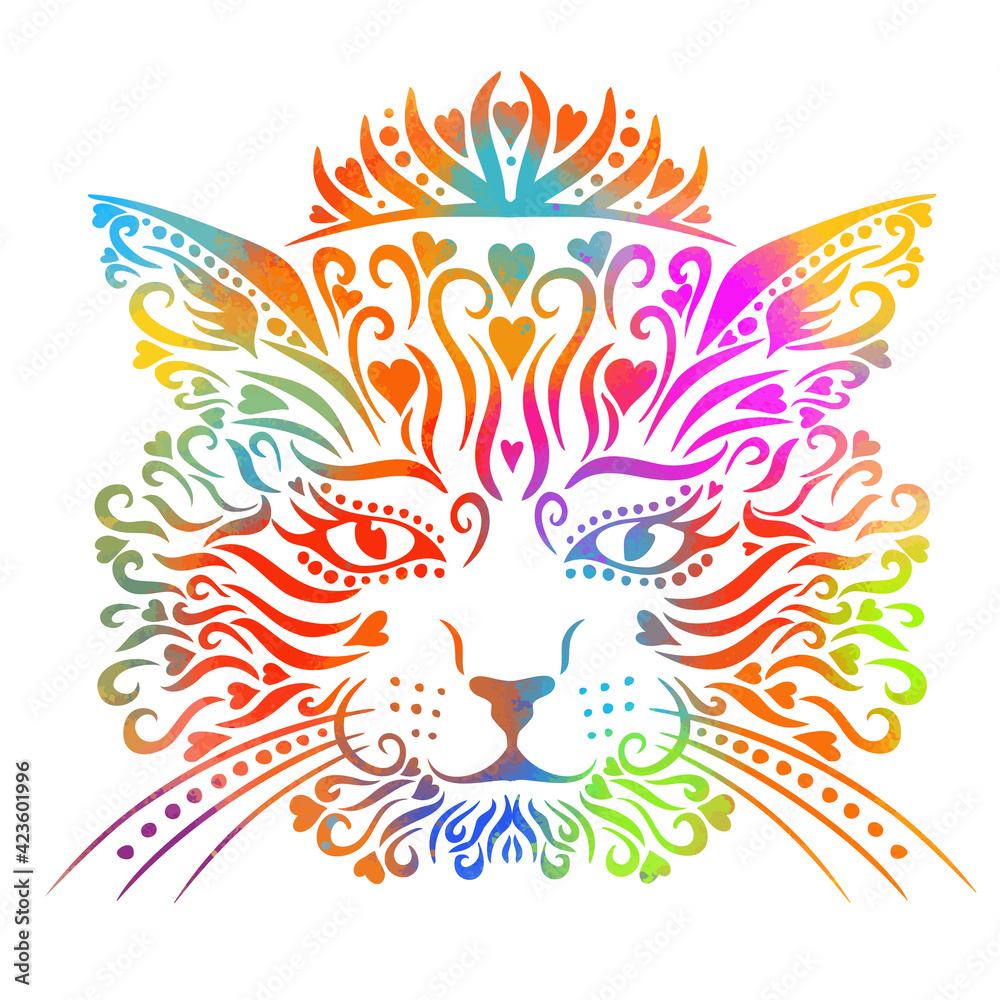 Obraz premium The cat's face is multicolored. A cat with a crown on its head. Vector illustration