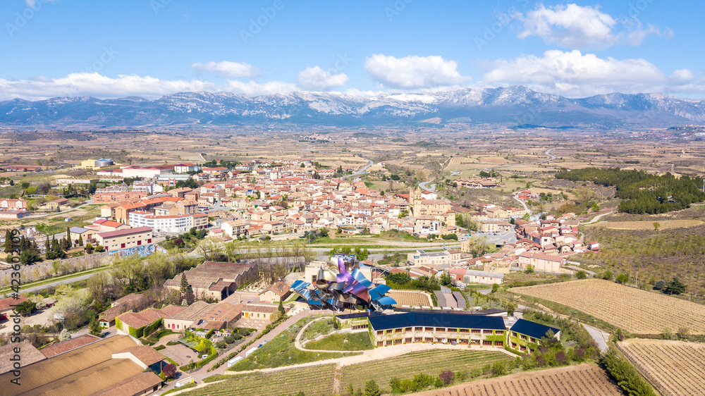elciego, Spain. 13th March, 2021: aerial view of elciego town in la rioja, Spain
