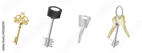 Set of realistic keys: retro and modern metal keys silver and golden on white background isolated
