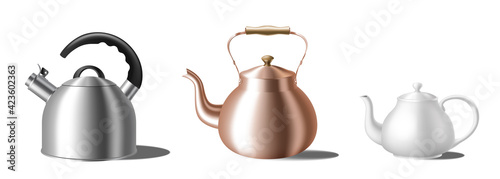 Set of realistic kettles. Different teapots: with whistle, copper and white ceramic teakettles