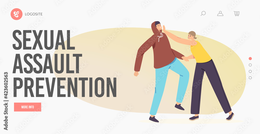 Sexual Assфult Prevention Landing Page Template. Woman Hitting Robber on Street or Training Self Defense againts Robber