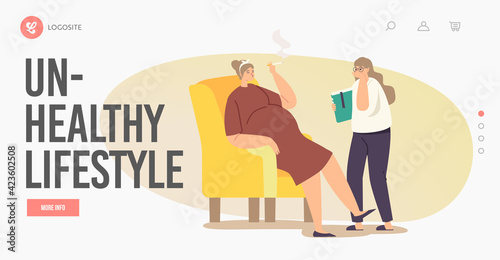 Unhealthy Lifestyle Landing Page Template. Girl Coughing in Room where Mother Smoking Cigarette. Mom Enjoy Tobacco
