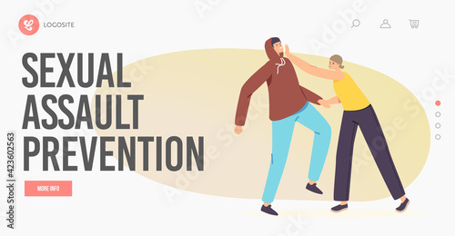 Sexual Assфult Prevention Landing Page Template. Woman Hitting Robber on Street or Training Self Defense againts Robber