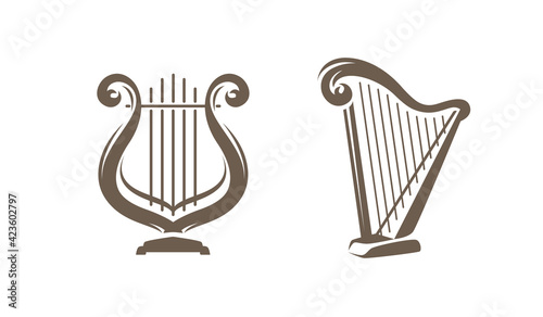 Foto Musical harp, lyre symbol or logo