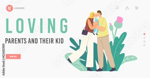 Caucasian Parents Kiss Baby Landing Page Template. Mother and Father Loving Happy Family Characters Holding Toddler