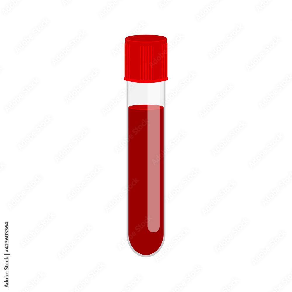 Glass test tube with blood sample isolated on white background. Blood medical analysis icon. Vector flat illustration. Glass test tube with blood sample isolated on white background. Blood medical analysis icon. Vector flat illustration.