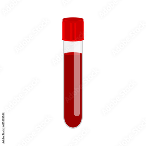 Glass test tube with blood sample isolated on white background. Blood medical analysis icon. Vector flat illustration.