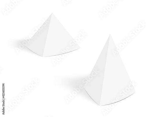 White pyramid tent cards mockup. Table talker template with shadow. Paper or cardboard pyramid display stand isolated on white background. Vector realistic illustration.