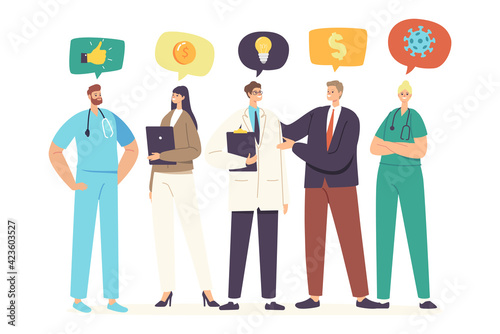 Medicine Sponsorship Concept. Businessman Character Visiting Hospital as Sponsor, Meeting with Doctors Offering Support