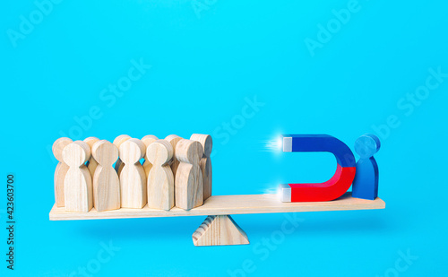 A person attracts people to his side with a magnet. Influence, manipulate the opinion of electorate. Collecting support. Endear. Gather followers around an idea. Political weight, opinion leader.