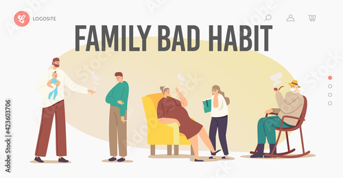 Smoking Family Landing Page Template. Characters Mother, Father, Grandfather Smoke Cigarettes in Presence of Children