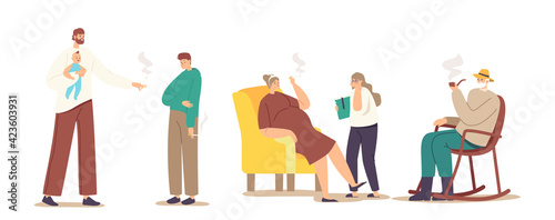 Smoking Family Concept. Adult Family Characters Mother, Father and Grandfather Smoke Cigarettes in Presence of Children