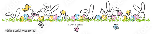 Happy Easter egg hunt handwritten art line design of cute smiling Easter bunnies with flowers and eggs in grass on white isolated background great for Easter Cards, banner, textiles, wallpapers